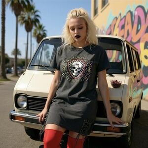 Hot Topic Skull T-Shirt Dress – Grey Acid Wash Lace-Up Sides Ride Free Graphic M